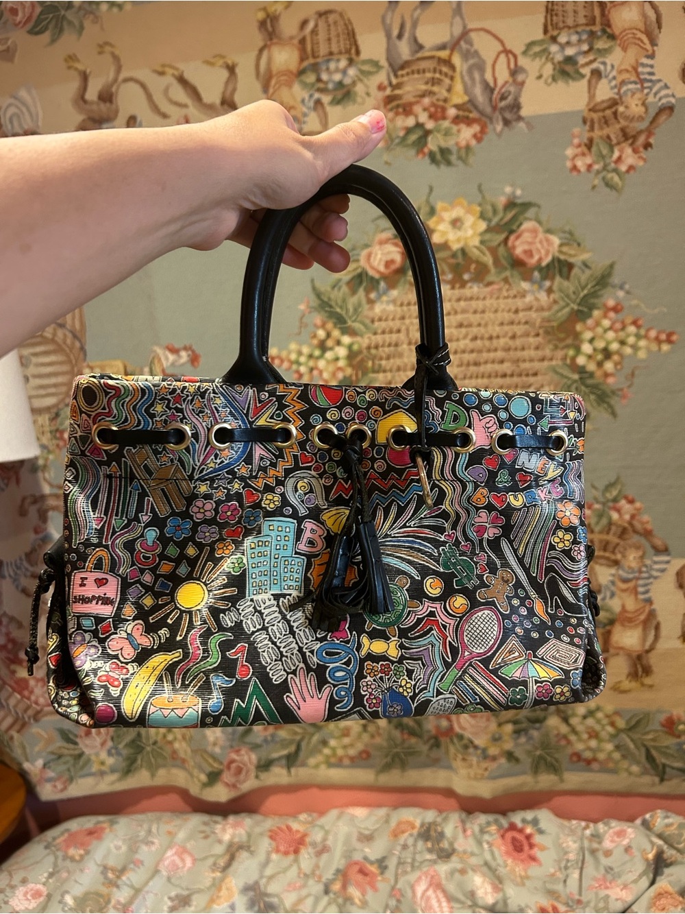 Multicolor Doodle Print Dooney and Bourke Bag with Black Handles